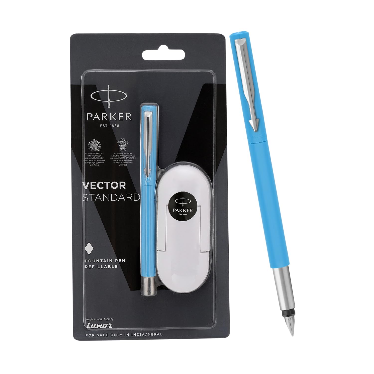 Blue Parker Vector fountain pen with chrome trim and cap
