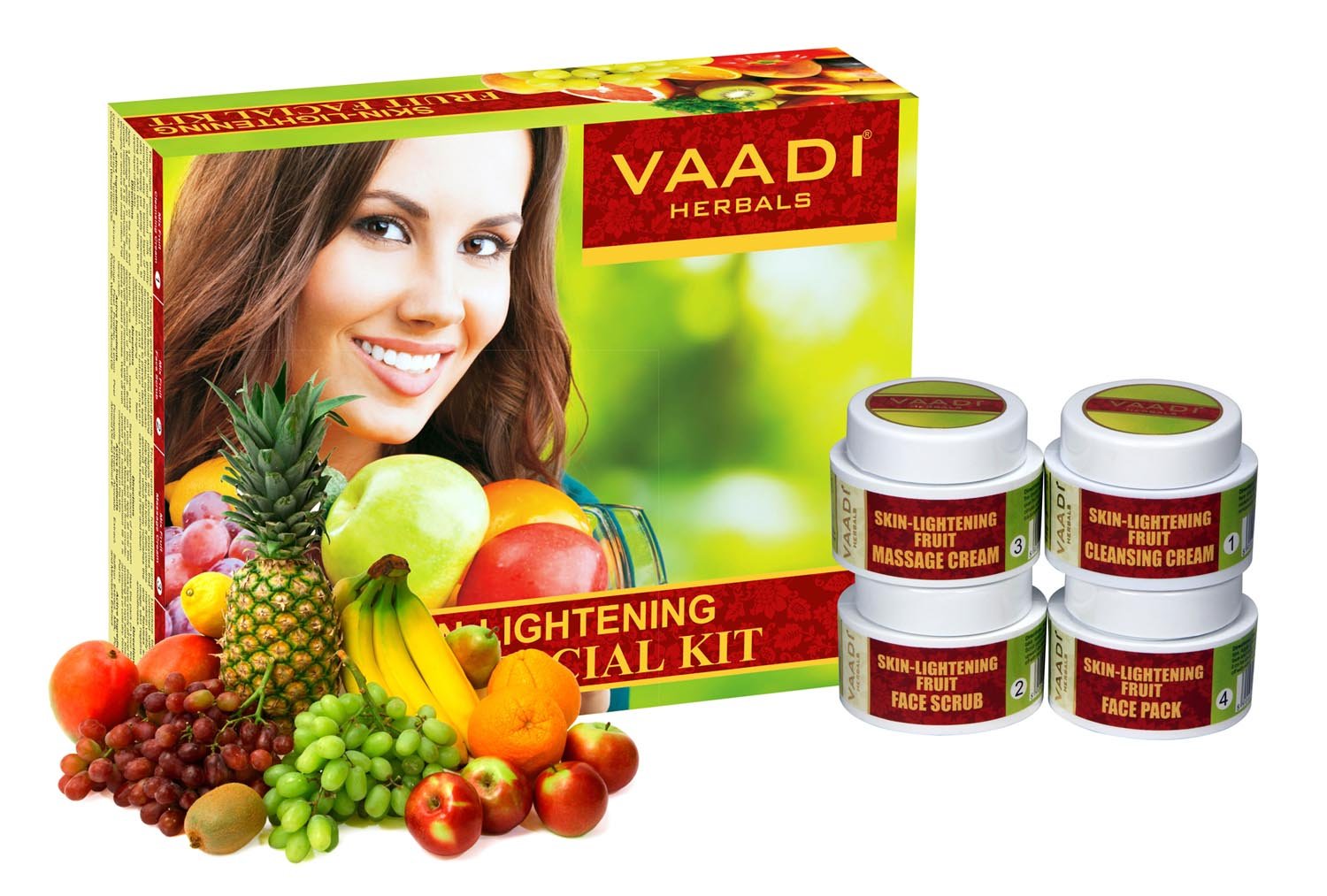 Vaadi Herbals skin lightening fruit facial kit pack and jars