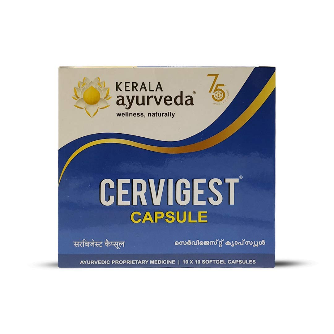 Front view of Cervigest capsule bottle from Kerala Ayurveda