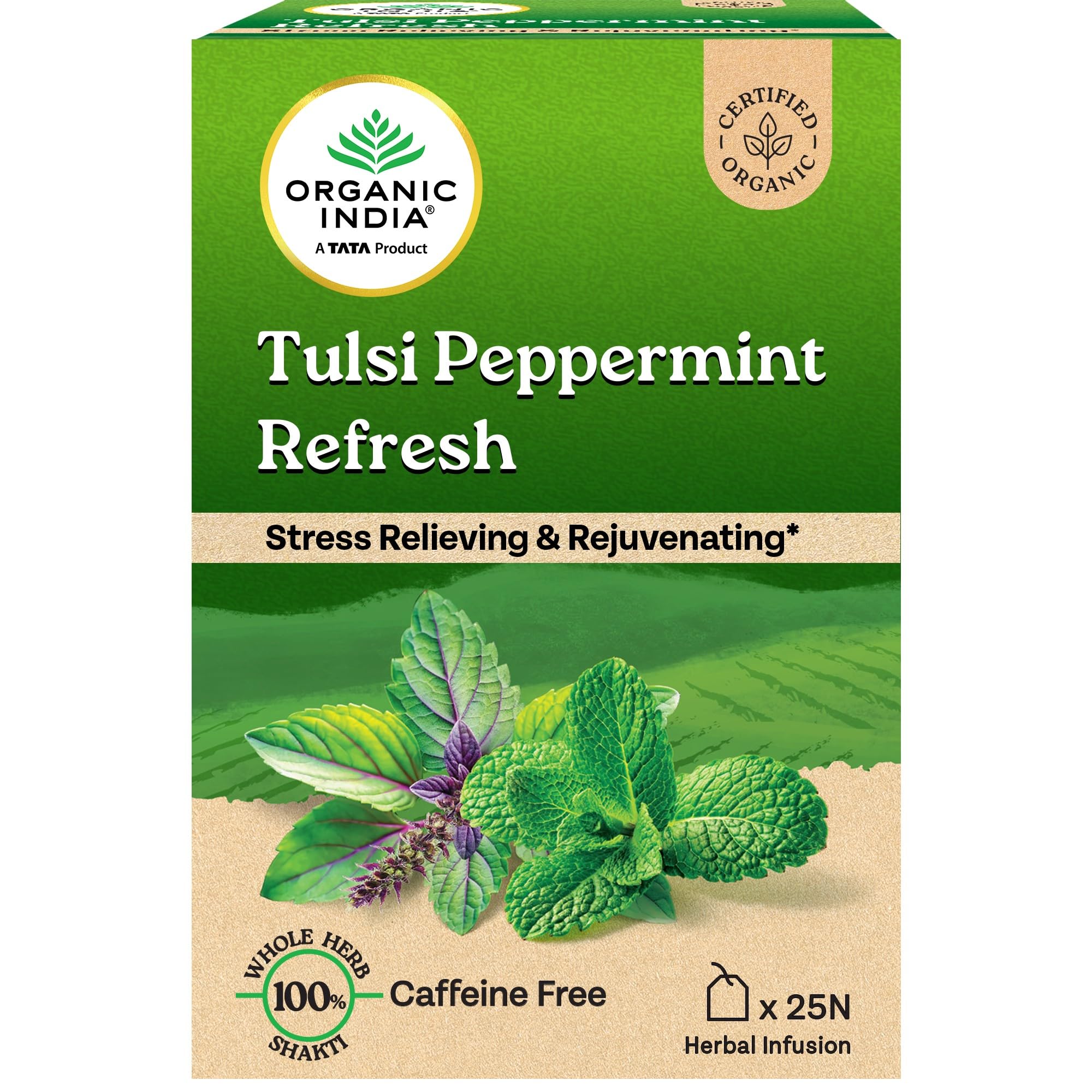 Front pack of Tulsi Peppermint Refresh herbal tea bags