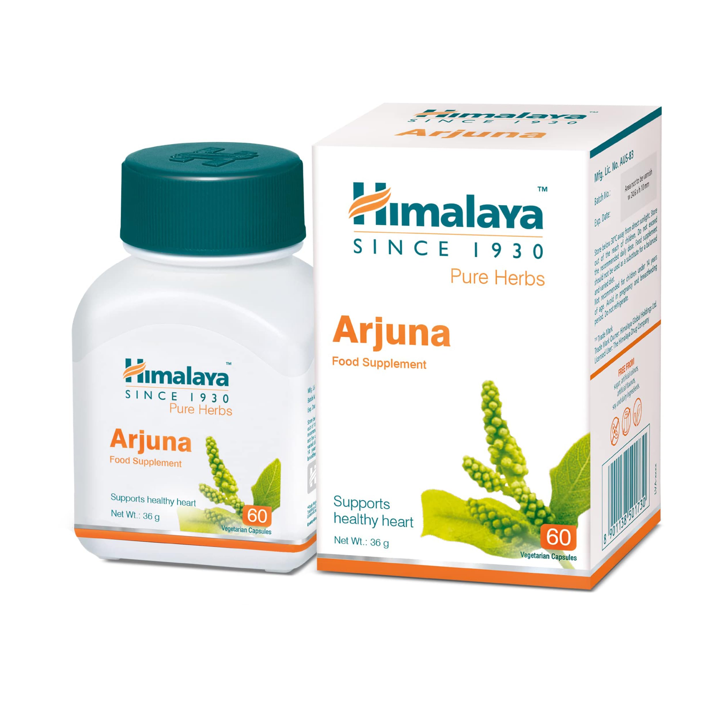 Bottle of Himalaya Arjuna vegetarian tablets made in India