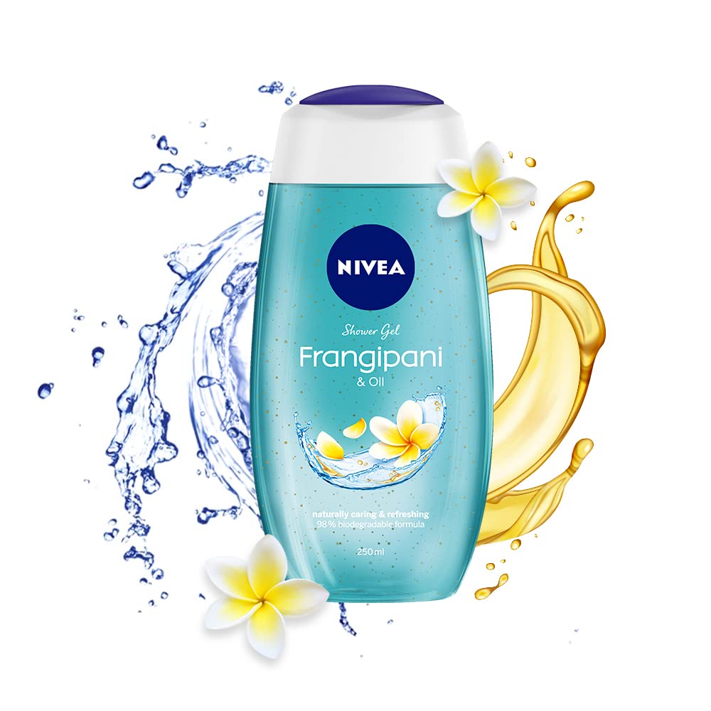 Nivea Frangipani shower gel bottle with care oil pearls label
