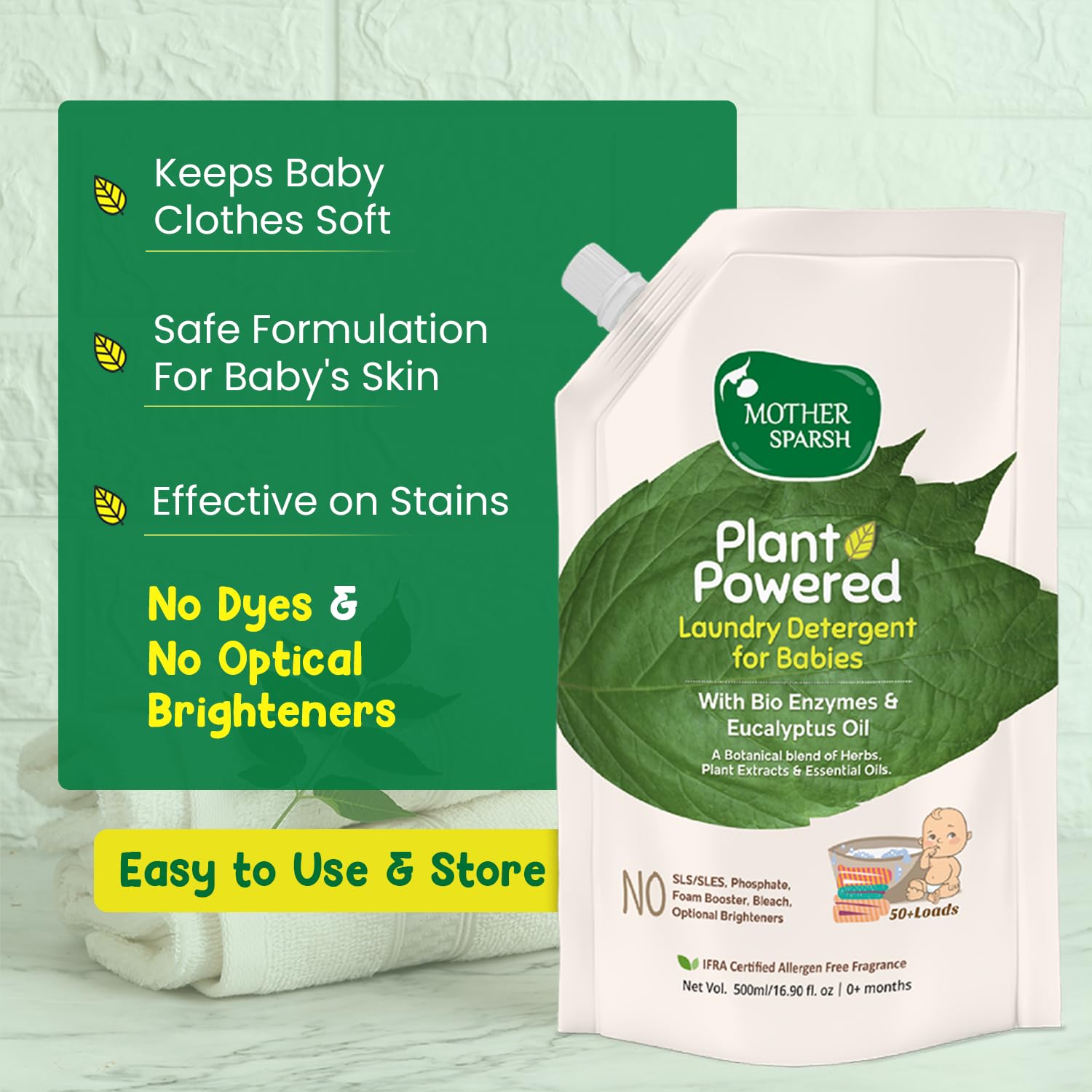 Mother Sparsh Baby Laundry Liquid Detergent (Powered by Plants) with Bio - Enzymes and Eucalyptus Oil, Refill Pack (500ml) – view 2