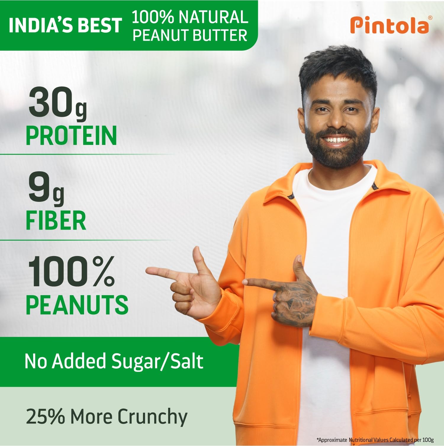Pintola All Natural Peanut Butter EXTRA CRUNCHY 350g, 30g Vegan Protein, 100% Pure Roasted Peanuts, Non Gmo, High in Protein Spread, Gluten & Cholesterol Free, Nut Butter, Peanut Butter Unsweetened – view 2