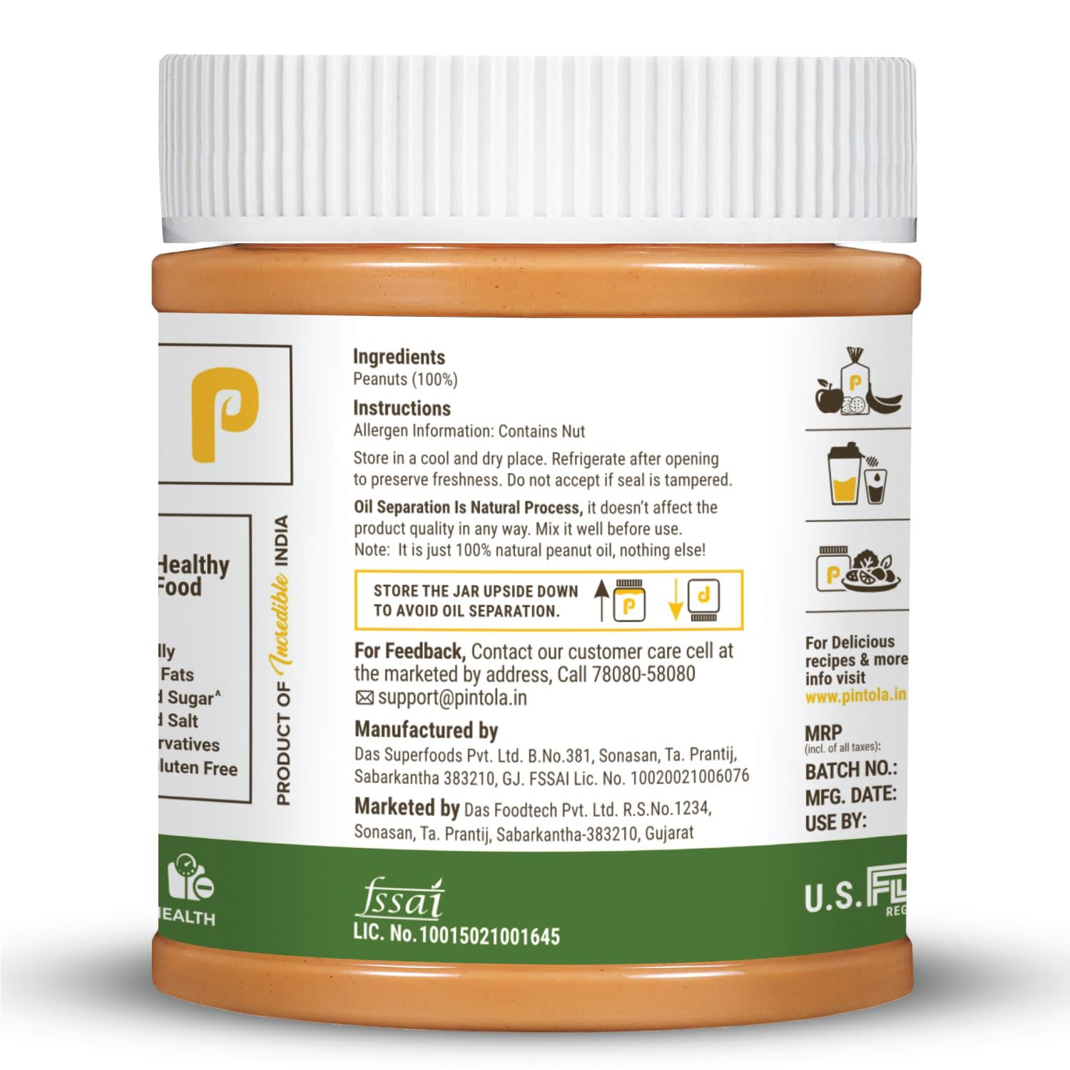 Pintola All Natural Peanut Butter EXTRA CRUNCHY 350g, 30g Vegan Protein, 100% Pure Roasted Peanuts, Non Gmo, High in Protein Spread, Gluten & Cholesterol Free, Nut Butter, Peanut Butter Unsweetened – view 8