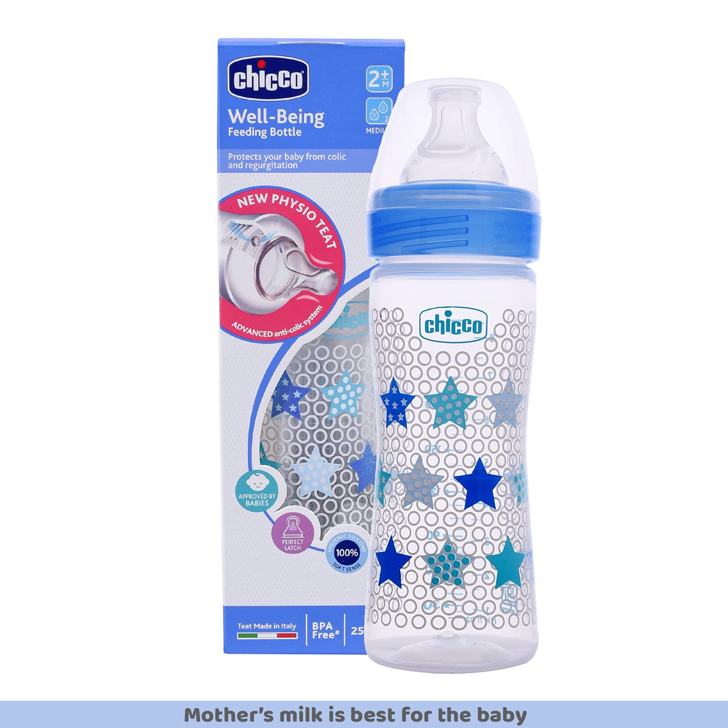 Chicco Well-Being 250 ml Feeding Plastic Bottle, Advanced Anti-Colic System, BPA Free, Hygienic Silicone Teat (Blue) – view 2