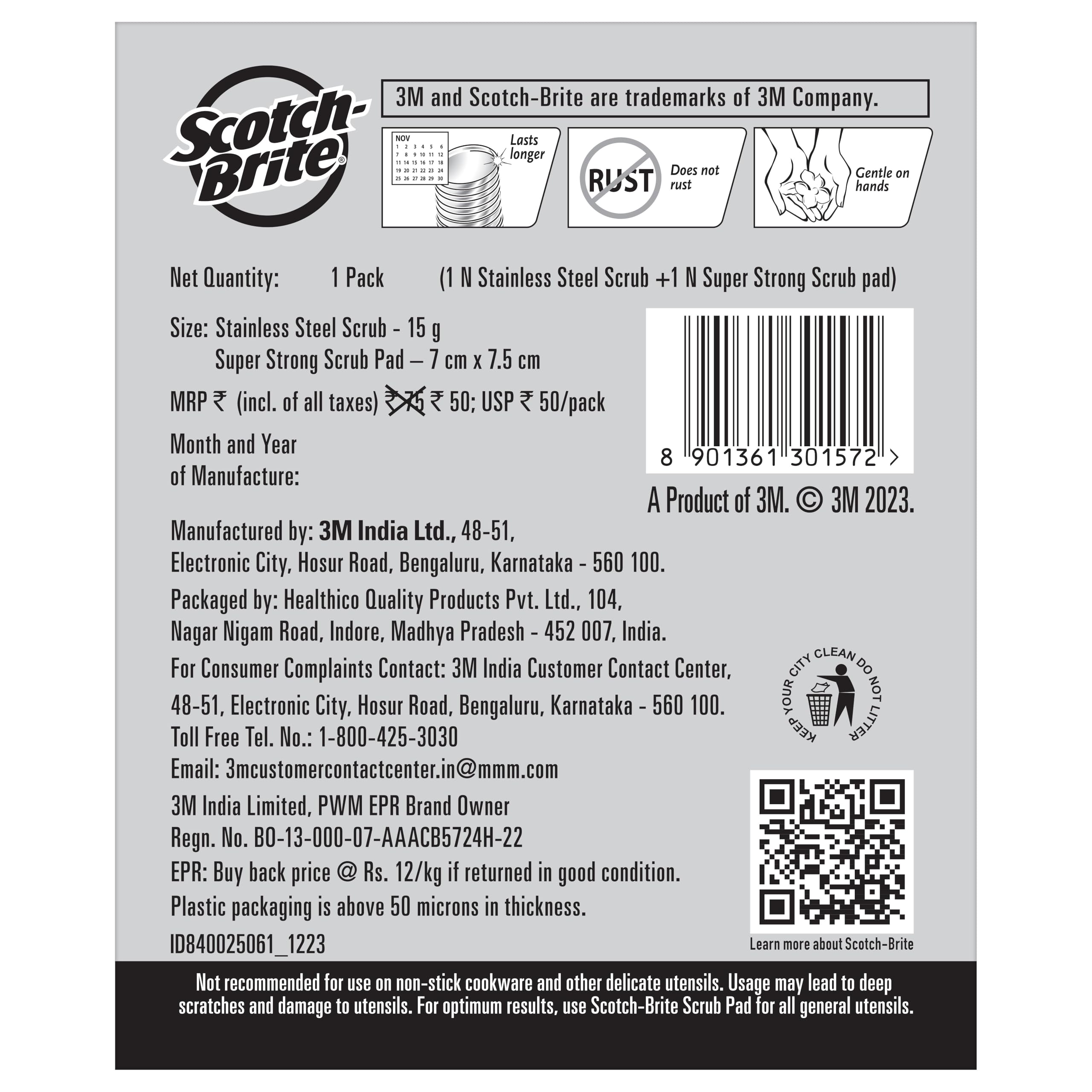 Scotch-Brite 1 Stainless Steel Scrubber (15g) and 1 Scrub pad Combo – view 2