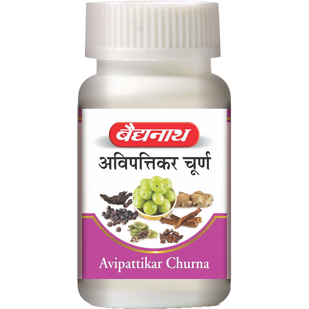 Front view of Baidyanath Avipattikar Churna powder bottle