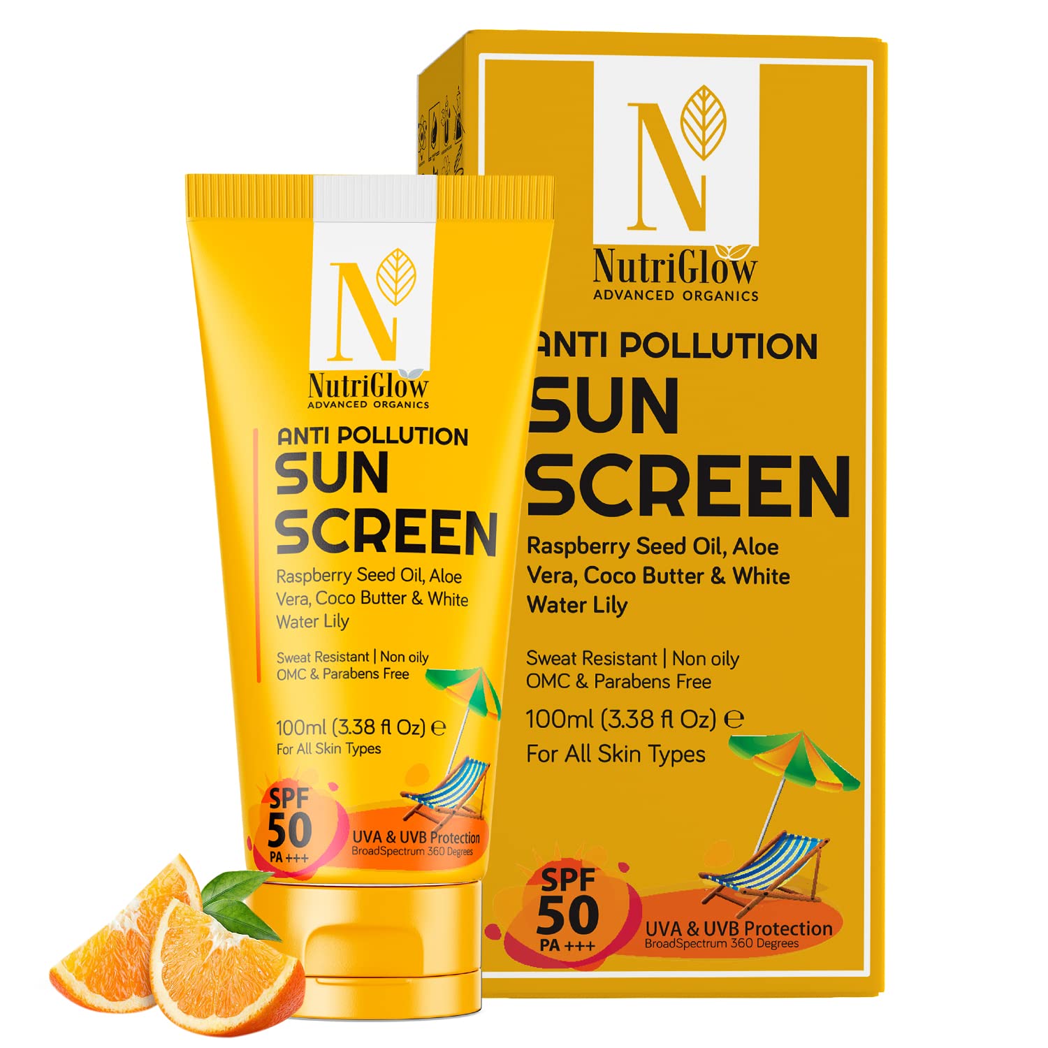 NutriGlow SPF 50 sunscreen cream tube for daily sun protection