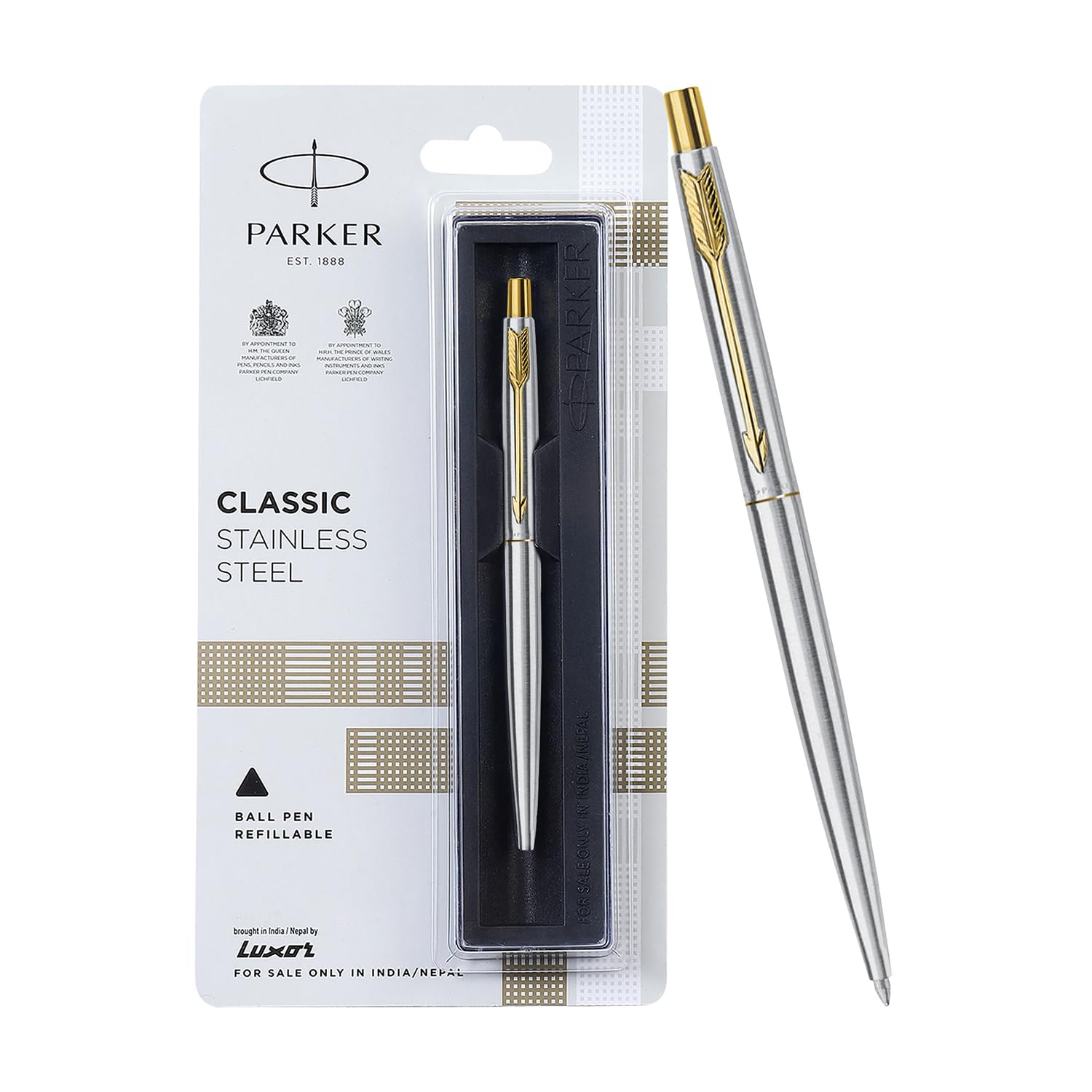 Slim Parker metal pen with gold arrow clip and steel finish