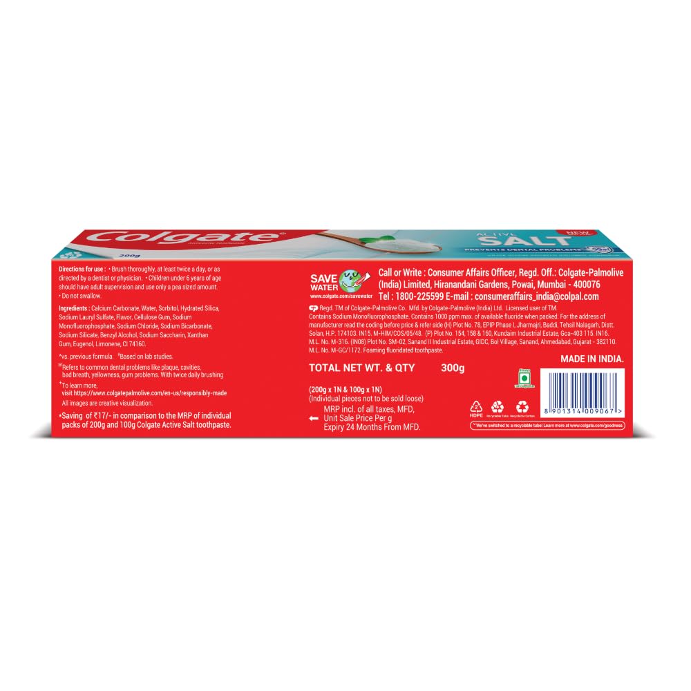Colgate Active Salt 300g (200g + 100g , Pack of 2) Toothpaste, Daily Germ Protection, Toothpaste with Salt and Mint, Healthy Gums & Teeth, Toothpaste that Fights Germs & Eliminates Bad Breath – view 8