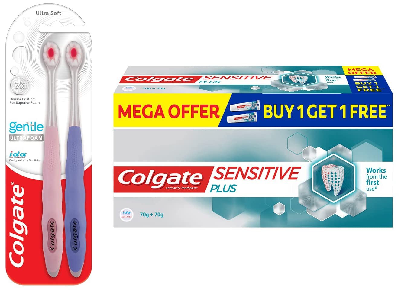 Colgate Gentle UltraFoam Ultra Soft Bristles Manual Toothbrush for adults, 2 Pcs, Multicolor & Colgate Sensitive Plus Toothpaste, 70gm (Buy 1 Get 1 Free) – view 1