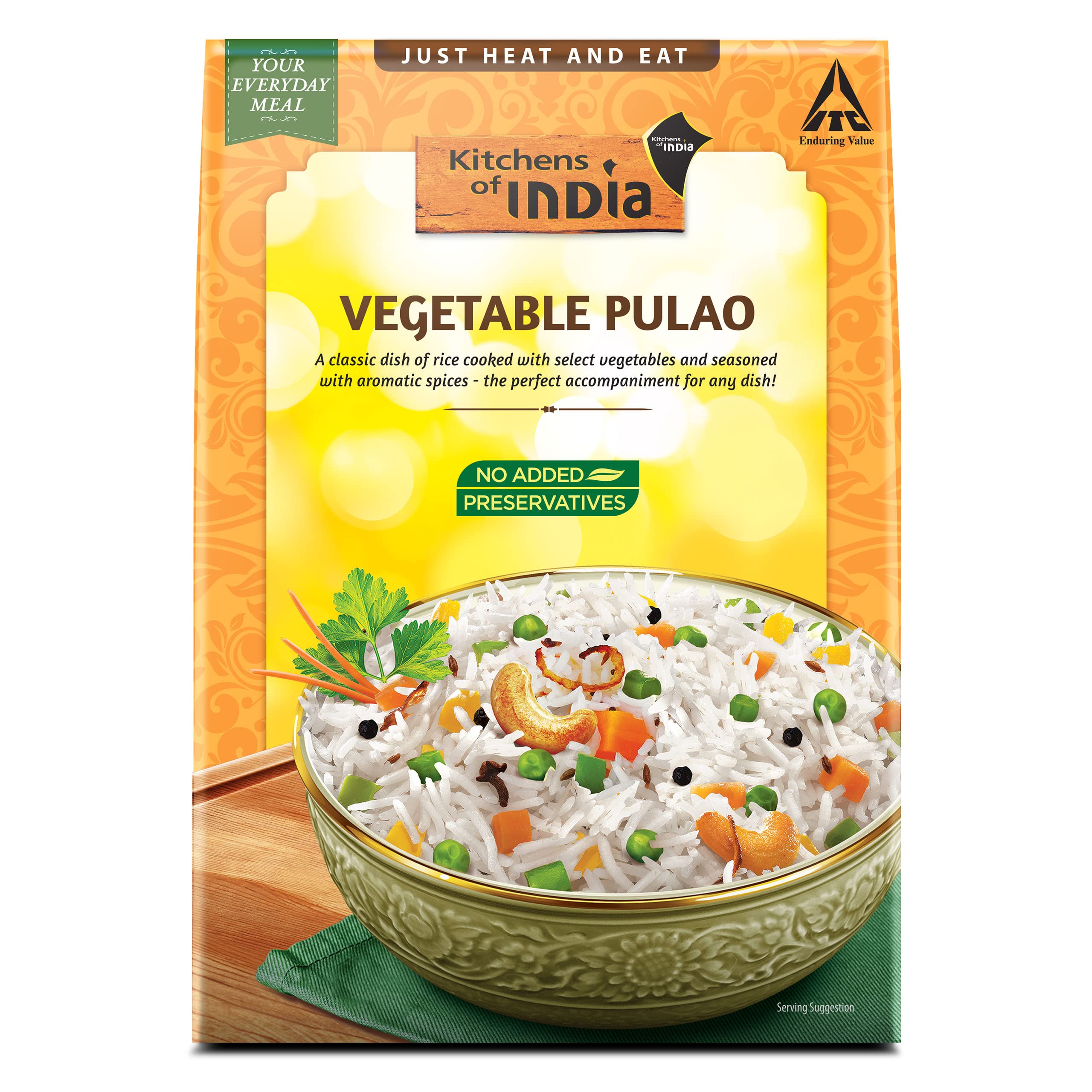 Ready-to-eat vegetable pulao pouch from Kitchens of India, 250g