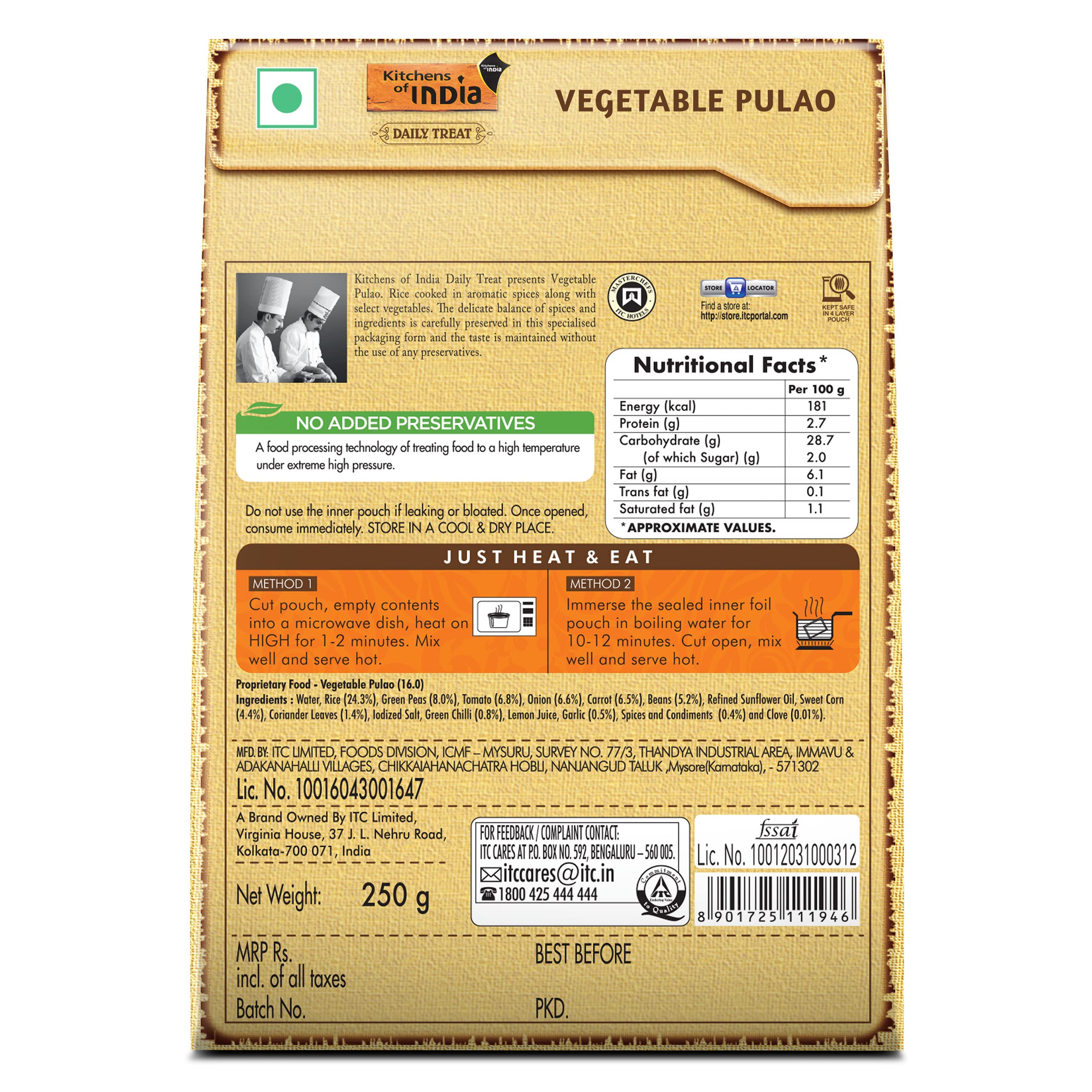 Kitchens of India Vegetable Pulao, ITC Ready to Eat Indian Dish, Just Heat and Eat, 250g – view 2