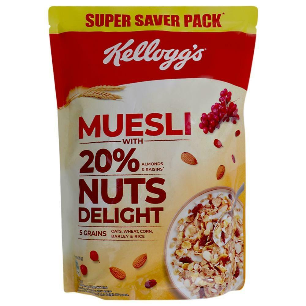 Front view of Kellogg's Nuts Delight Muesli 750g cereal pouch