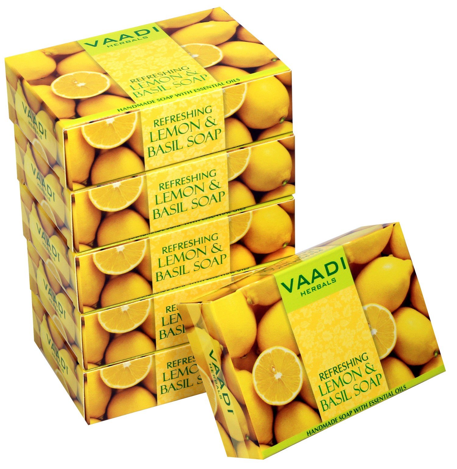 Boxed lemon and basil soap bars from Vaadi Herbals, six-pack