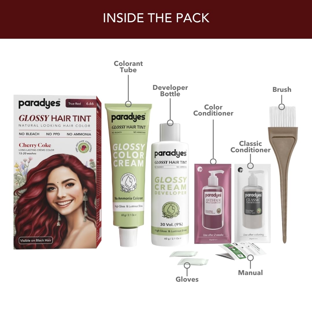 Paradyes No Bleach Cherry Coke Glossy Hair Tint, Ammonia-Free Formula for Natural Black Hair, Visible on Natural Black Hair, Enriched with Herbal Extracts, Includes Anti-Fade Conditioner for Long-Lasting Shine, 6.6 True Red – view 2