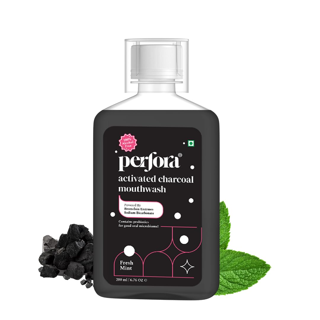 Alcohol-free charcoal mouthwash bottle with 200 ml liquid rinse