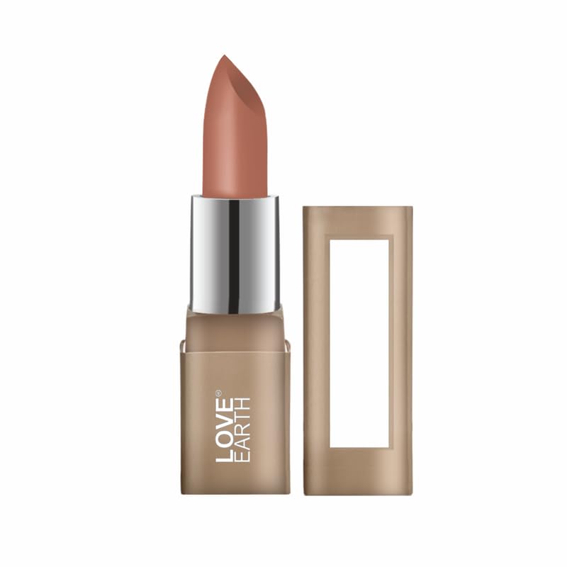 Brown nude Love Earth satin matte lipstick in tube packaging