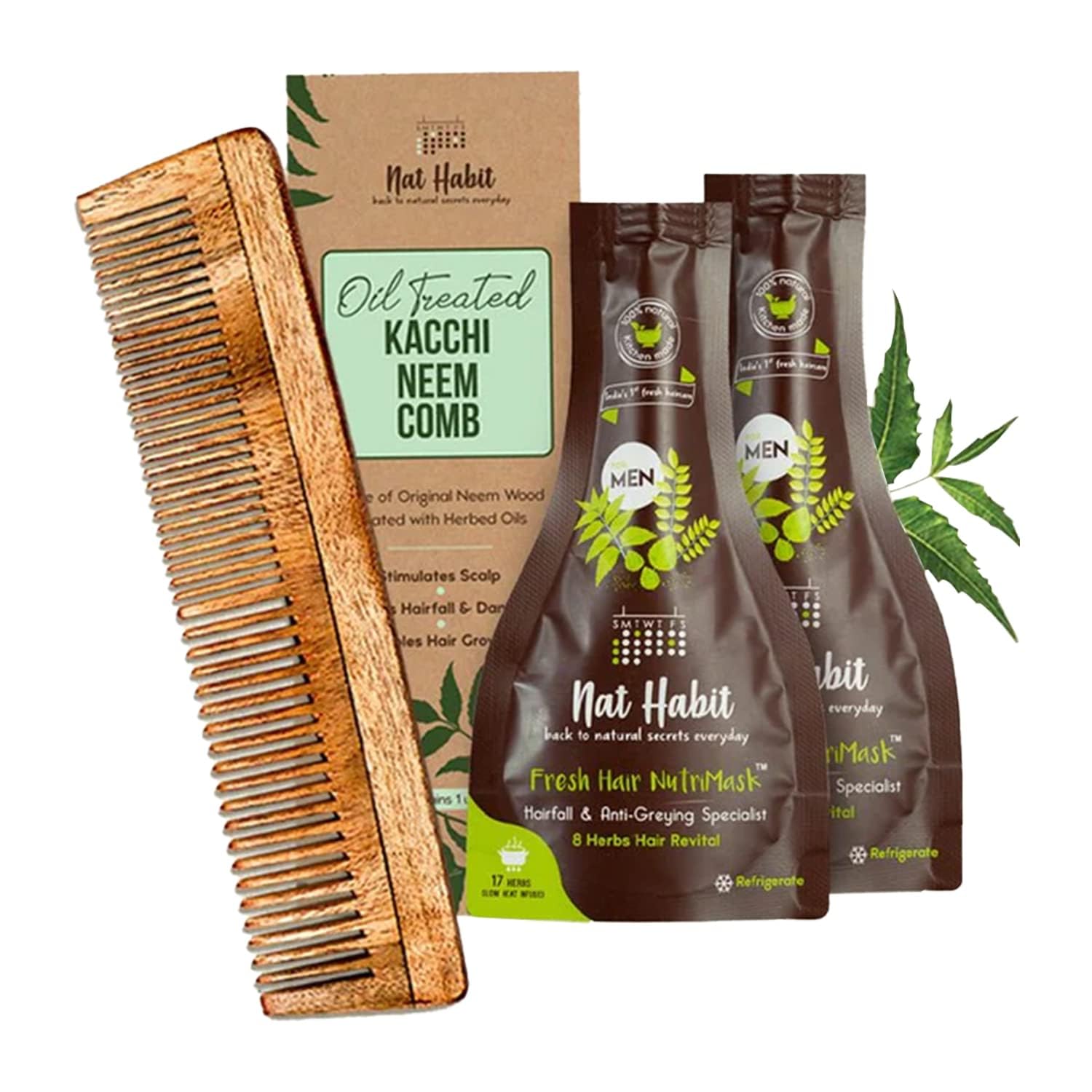 Dual tooth Kacchi neem comb with Nat Habit Hair NutriMask