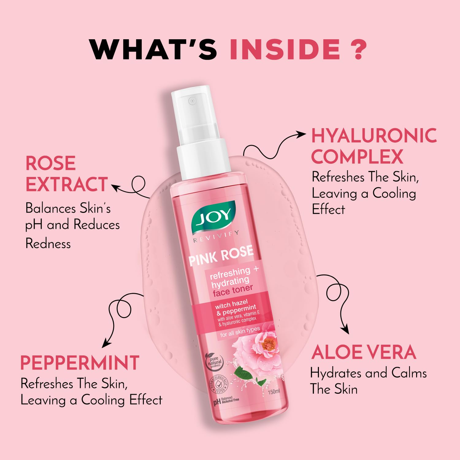 Joy Pink Rose Water Toner with Vitamin E, Hyaluronic Acid & Aloe Vera for Hydrating & Refreshing Skin (150ml) – view 2