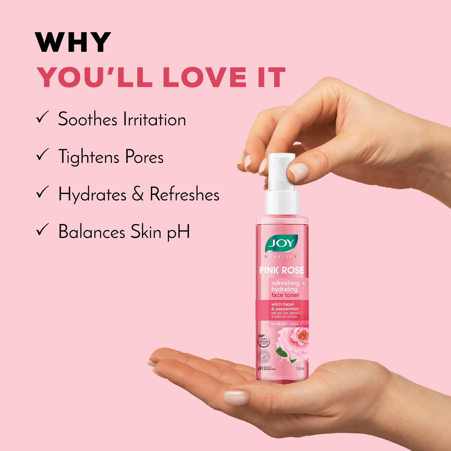 Joy Pink Rose Water Toner with Vitamin E, Hyaluronic Acid & Aloe Vera for Hydrating & Refreshing Skin (150ml) – view 4