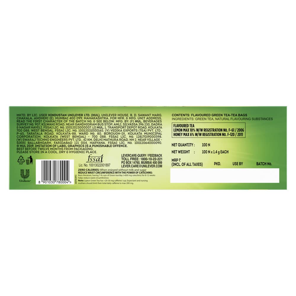 Lipton Honey Lemon Green Tea Bags 100 pcs, All Natural Flavour, Zero Calories - Improves Metabolism & Reduces Waist – view 2