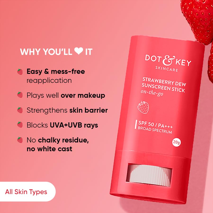 DOT & KEY Strawberry Dew Spf 50 Sunscreen Stick On-The-Go Spf 50 Pa+++, Broad Spectrum, Uva/Uvb Rays Protection With Hyaluronic & Ceramide For Hydration & Skin Barrier, Mess Free & No White Cast, 20g – view 3