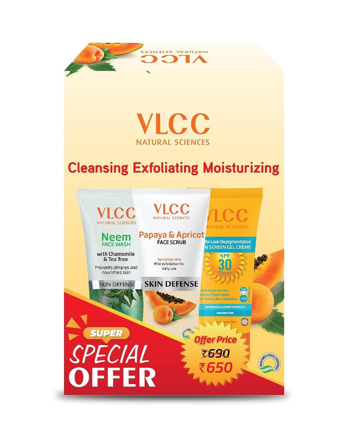 VLCC neem face wash papaya apricot scrub sunscreen set