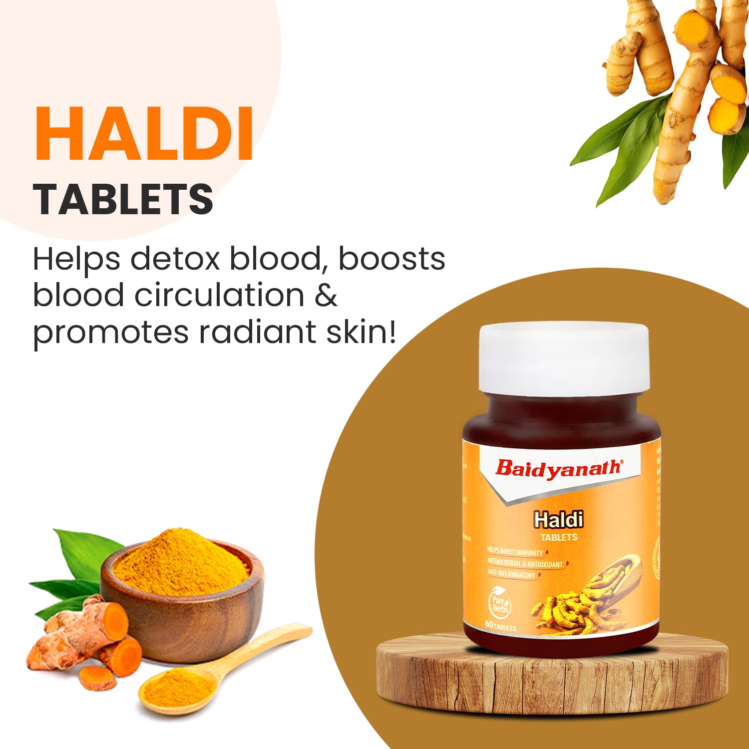 Baidyanath Turmeric Tablets with Natural Haldi Extract (60TB) Pack of 1 - Helps Boost Immunity, Blood Cleansing, Skin Problems, Strengthen Digestion – view 2