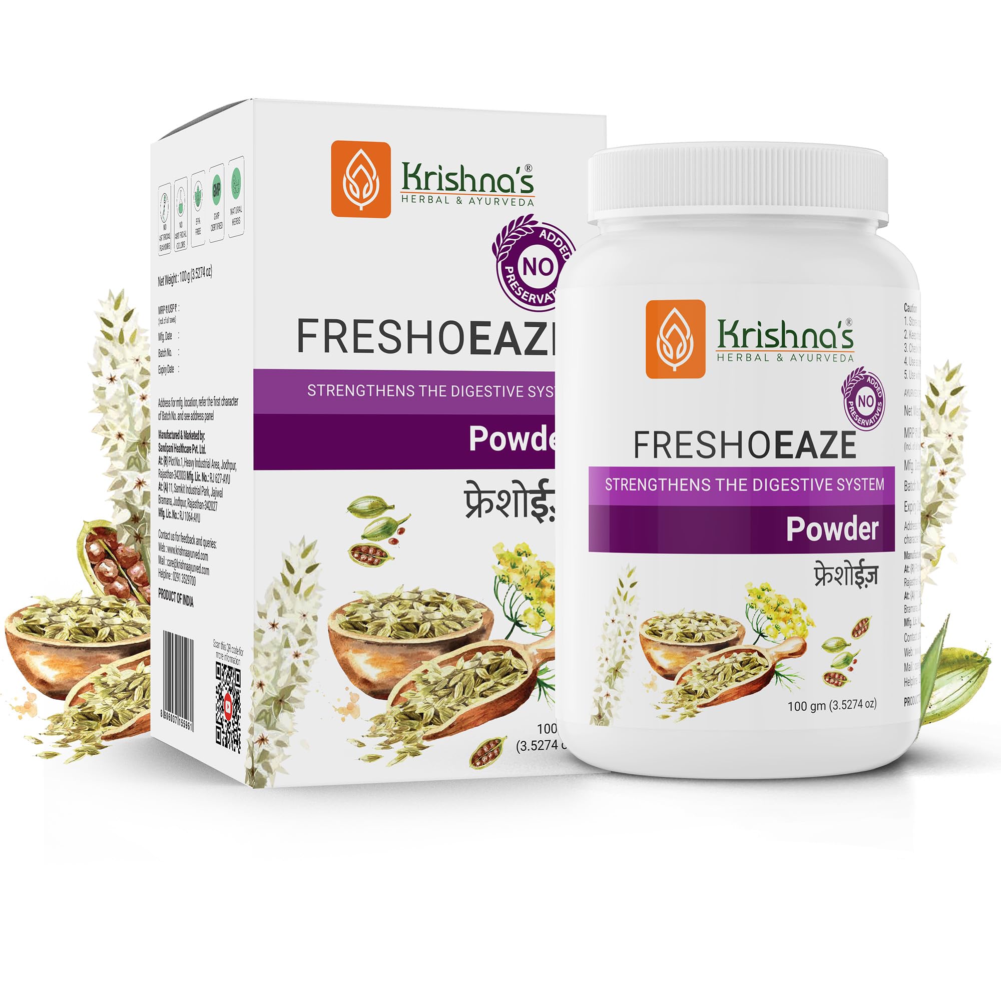 Krishna's Freshoeaze Powder jar for digestive support, 100g
