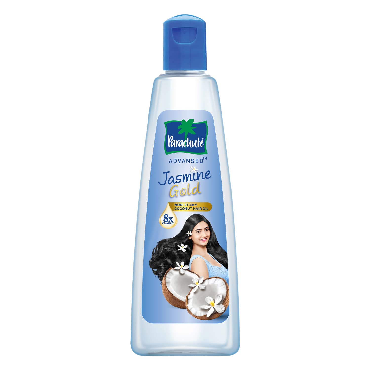 Bottle of jasmine and coconut hair oil for shiny hair
