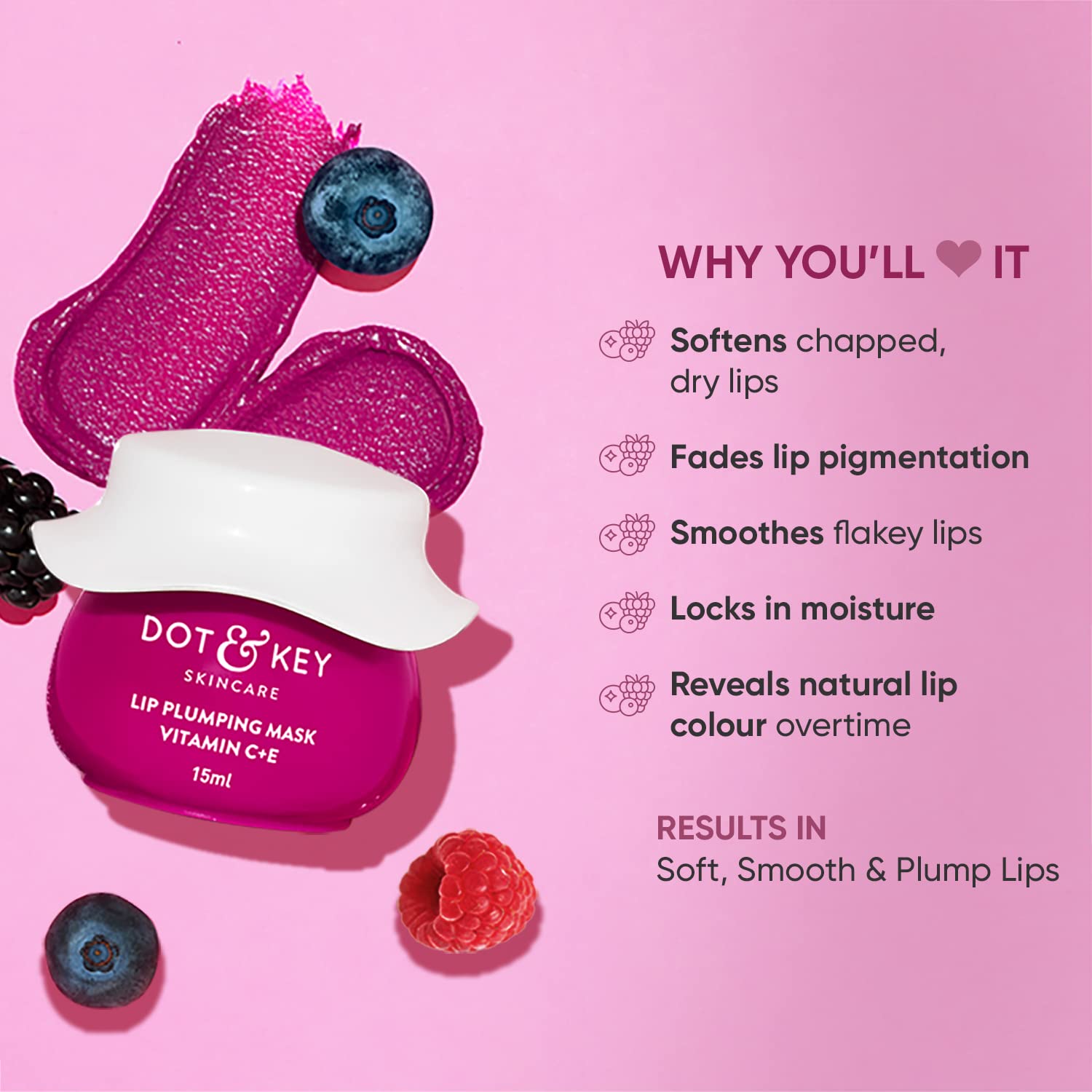 Dot & Key Lip Plumping Mask With Vitamin C + E For Naturally Glowing Lips, Fades Lip Pigmentation, Smoothes Flaky & Dry Lips, Lip Mask For Soft, Smooth & Plump Lips (Wild Berries & Pomegranate) 15ml – view 2
