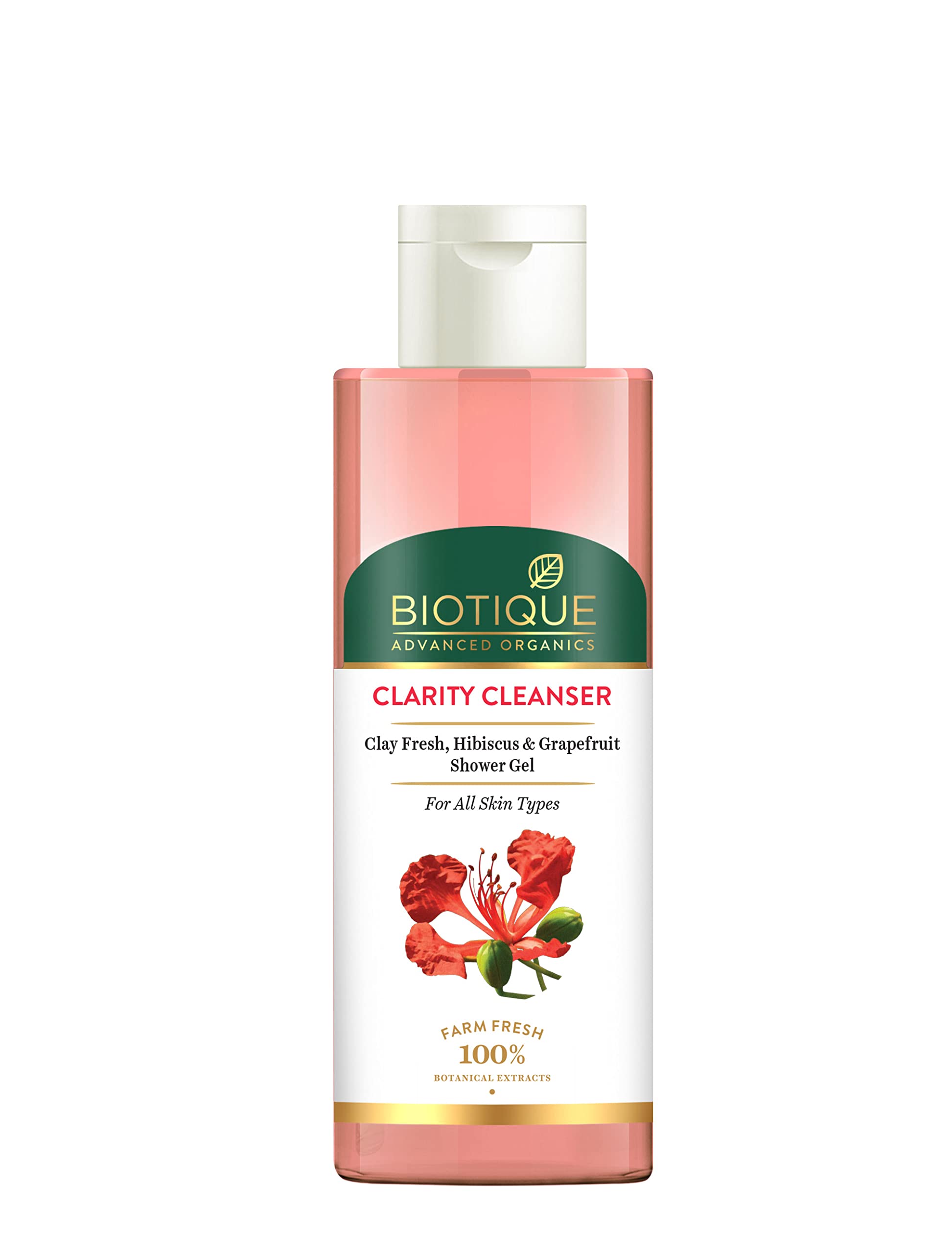 Clear Biotique clay fresh shower gel bottle with grapefruit scent