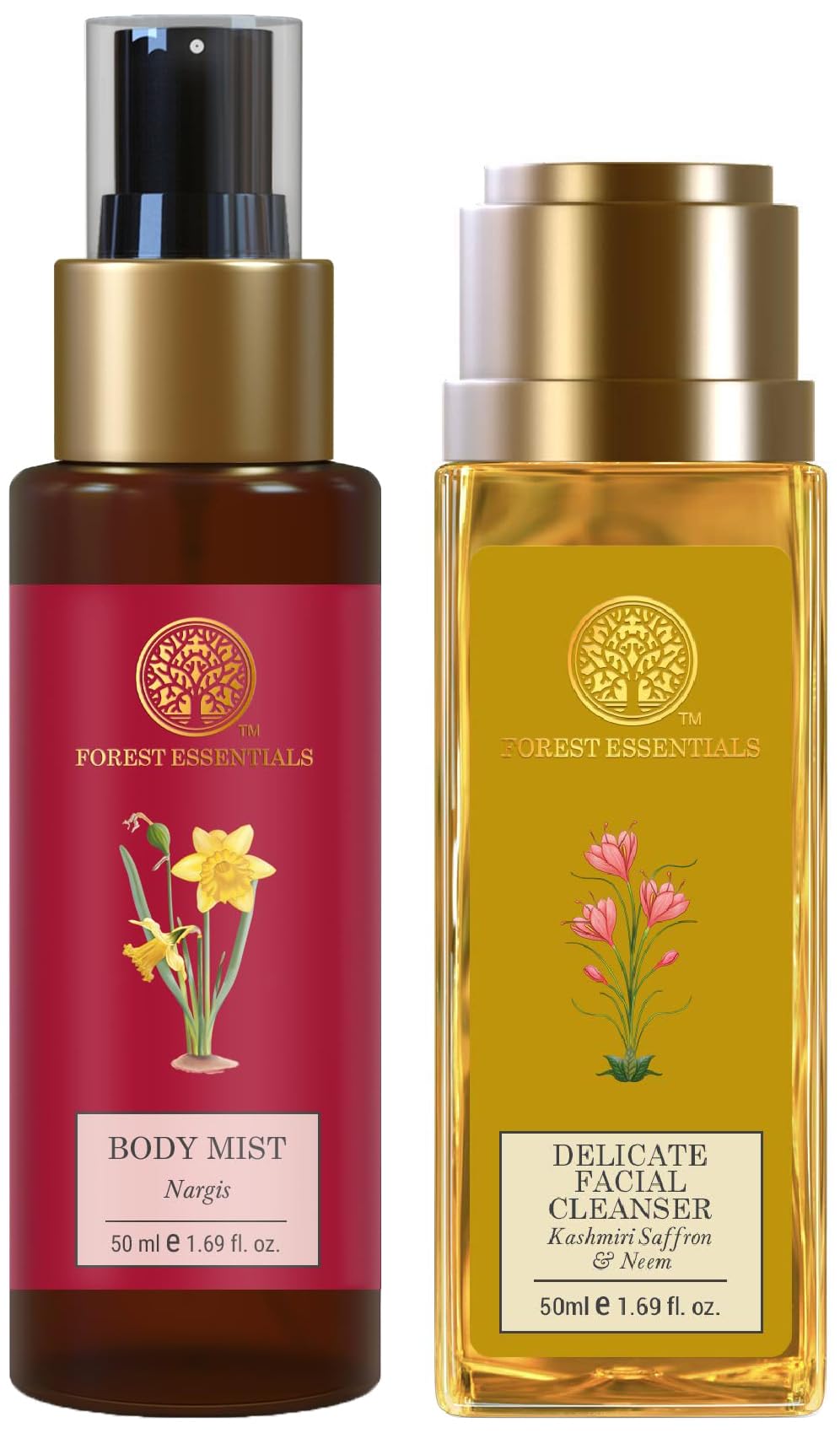 Forest Essentials Travel Size Body Mist Nargis & Forest Essentials Delicate Facial Cleanser Kashmiri Saffron & Neem Combo