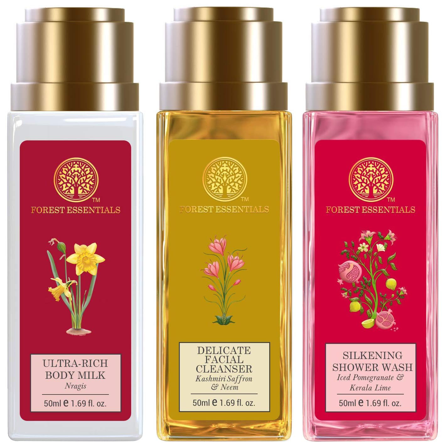 Forest Essentials travel size body milk, facial cleanser and shower wash