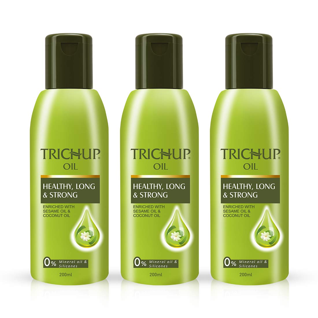 Three bottles of Trichup Healthy Long and Strong Hair Oil