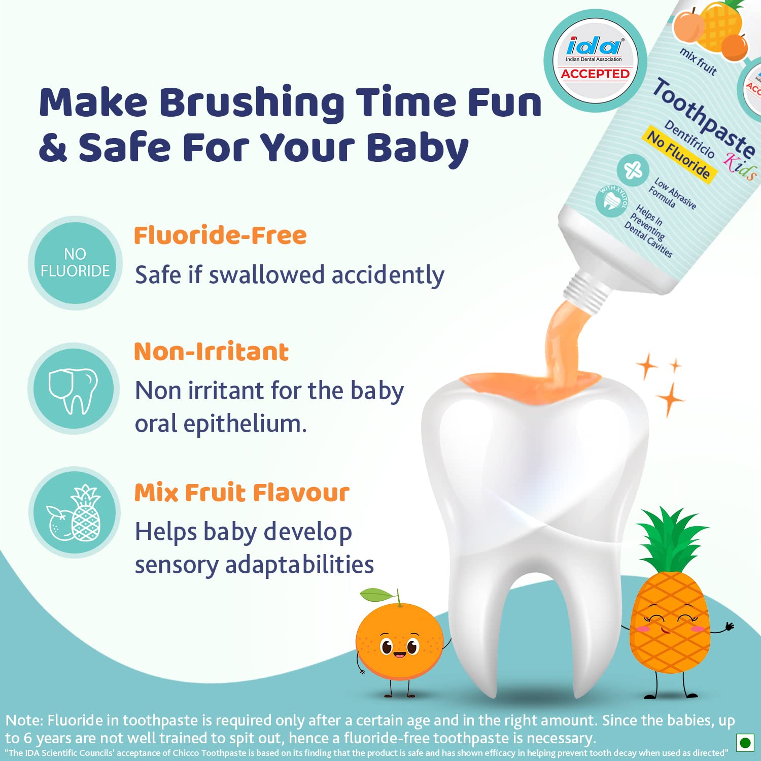 Chicco Toothpaste for Kids Best for Baby (1y-6y), Mix Fruit Flavour, 50g – view 2