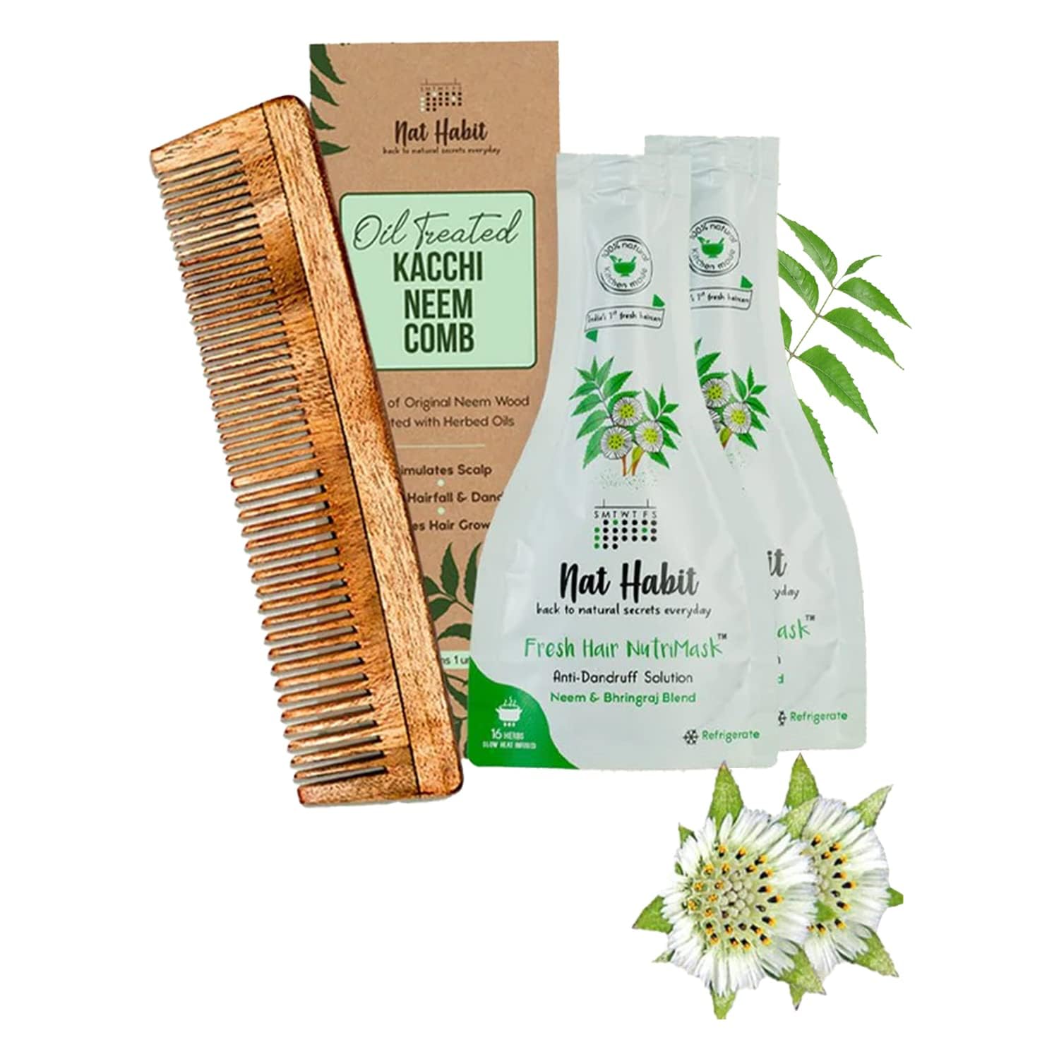 Wooden neem comb with neem bhringraj hair mask combo pack