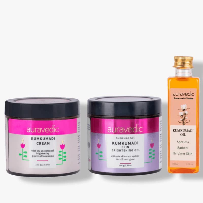 Auravedic Kumkumadi face care trio with oil gel and cream