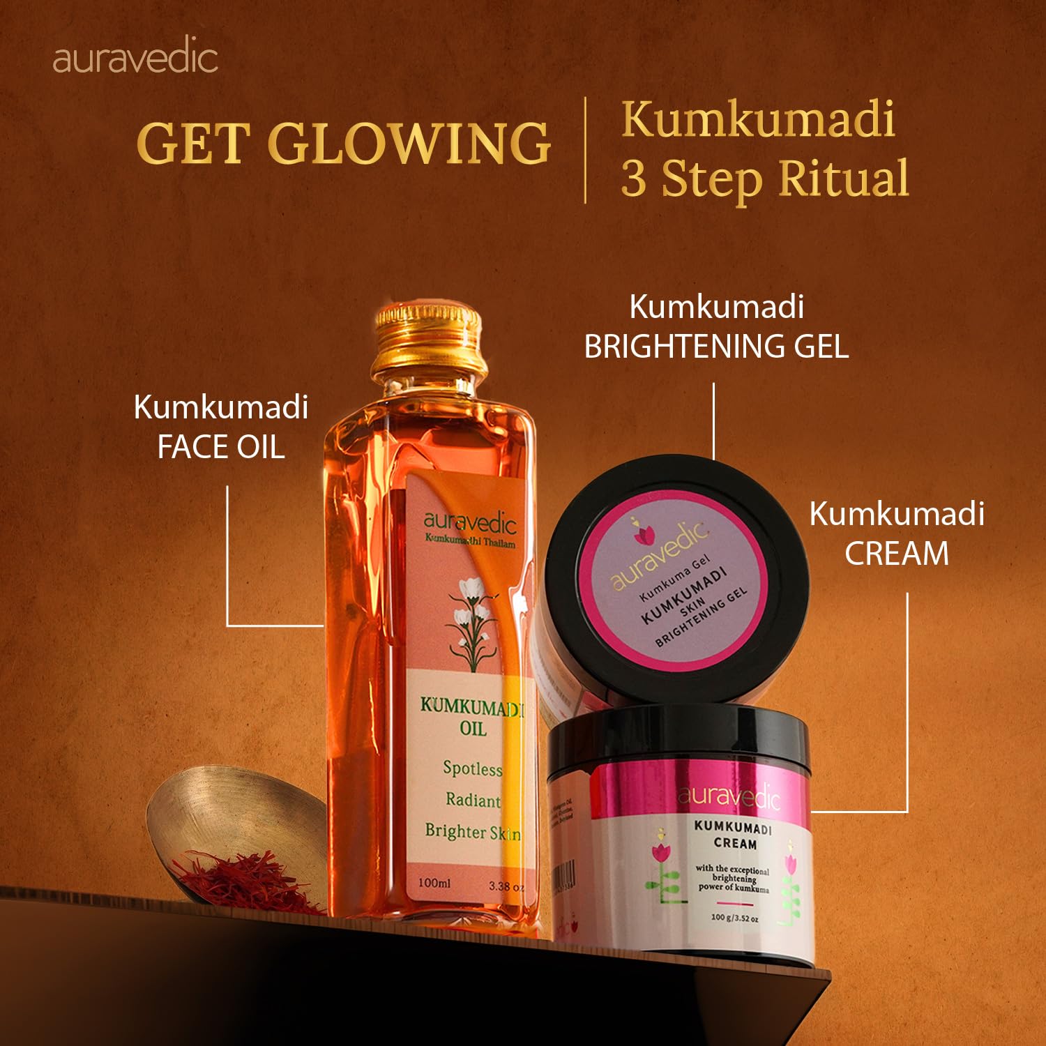 Auravedic Kumkumadi tailam,Gel and Kumkumadi face cream 100 ml 100g 100 g pack of 3 face oil for glowing skin – view 2