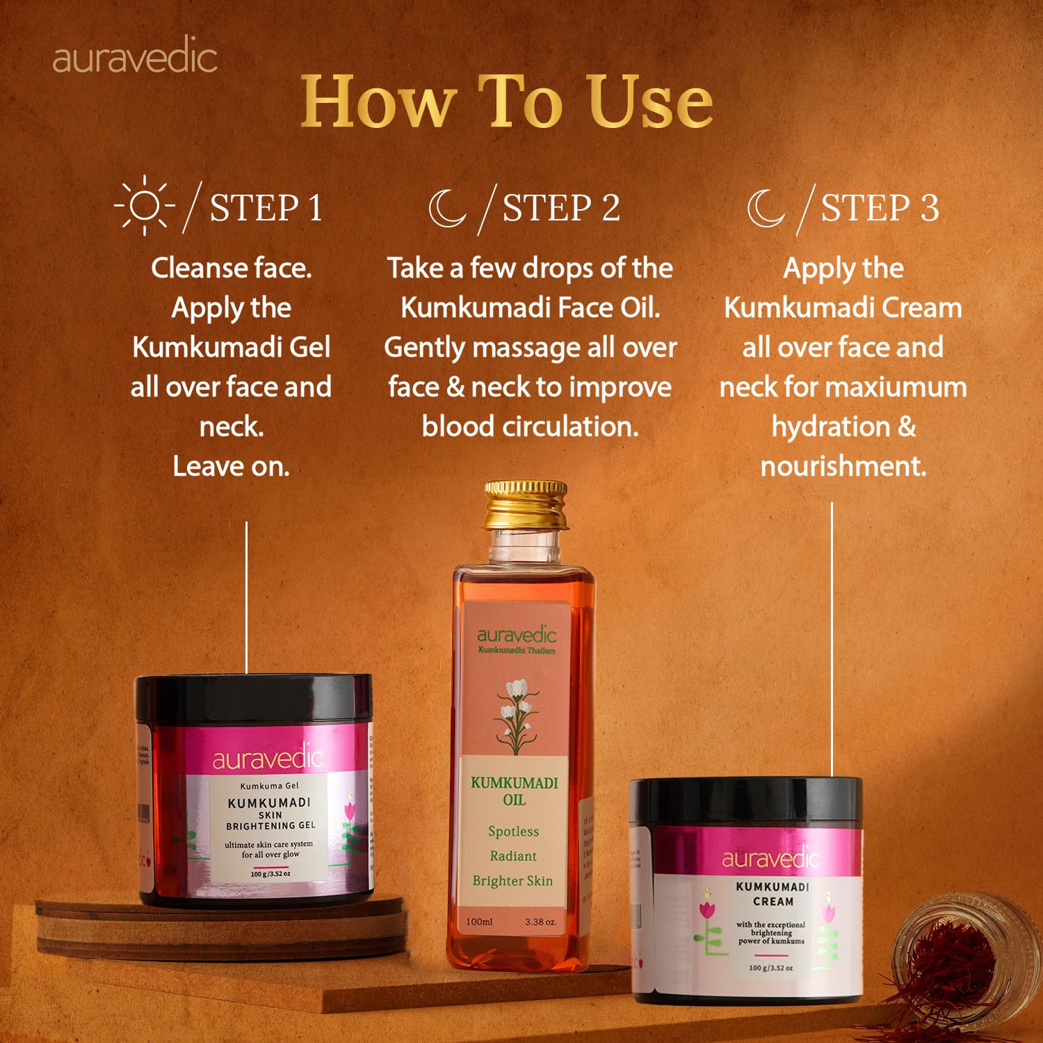 Auravedic Kumkumadi tailam,Gel and Kumkumadi face cream 100 ml 100g 100 g pack of 3 face oil for glowing skin – view 6