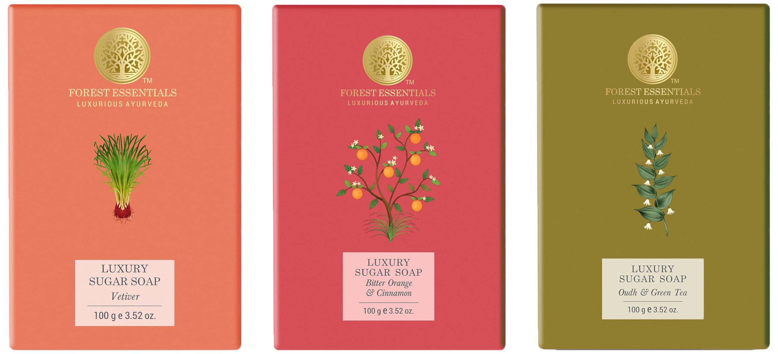 Forest Essentials luxury sugar soap in Oudh, Bitter Orange, and Vetiver