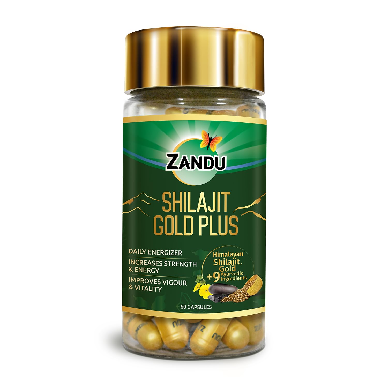 Front pack of Zandu Shilajit Gold Plus capsules bottle