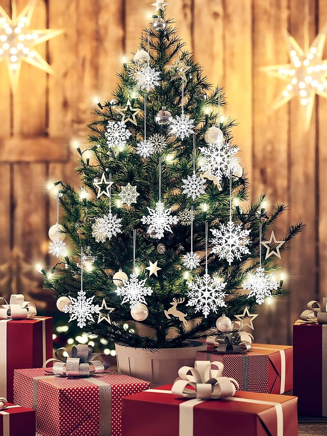 TIED RIBBONS 15 Pcs Christmas Tree Decoration Items Snowflake Hanging Ornaments Props Snow Flakes Xmas Accessories (White, 3.5 inch) - Christmas Decorations Items for Home Office – view 3