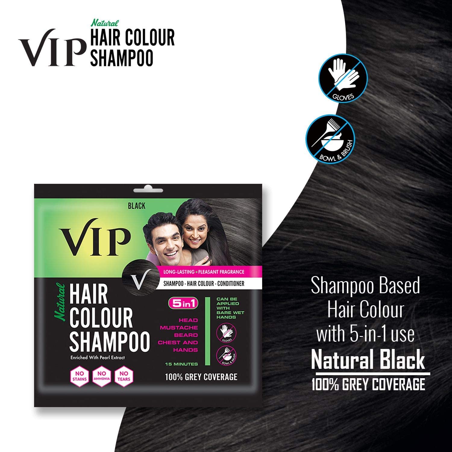 VIP Hair Colour Shampoo Men and Women Natural Black 20ml (Pack of 11) – view 2