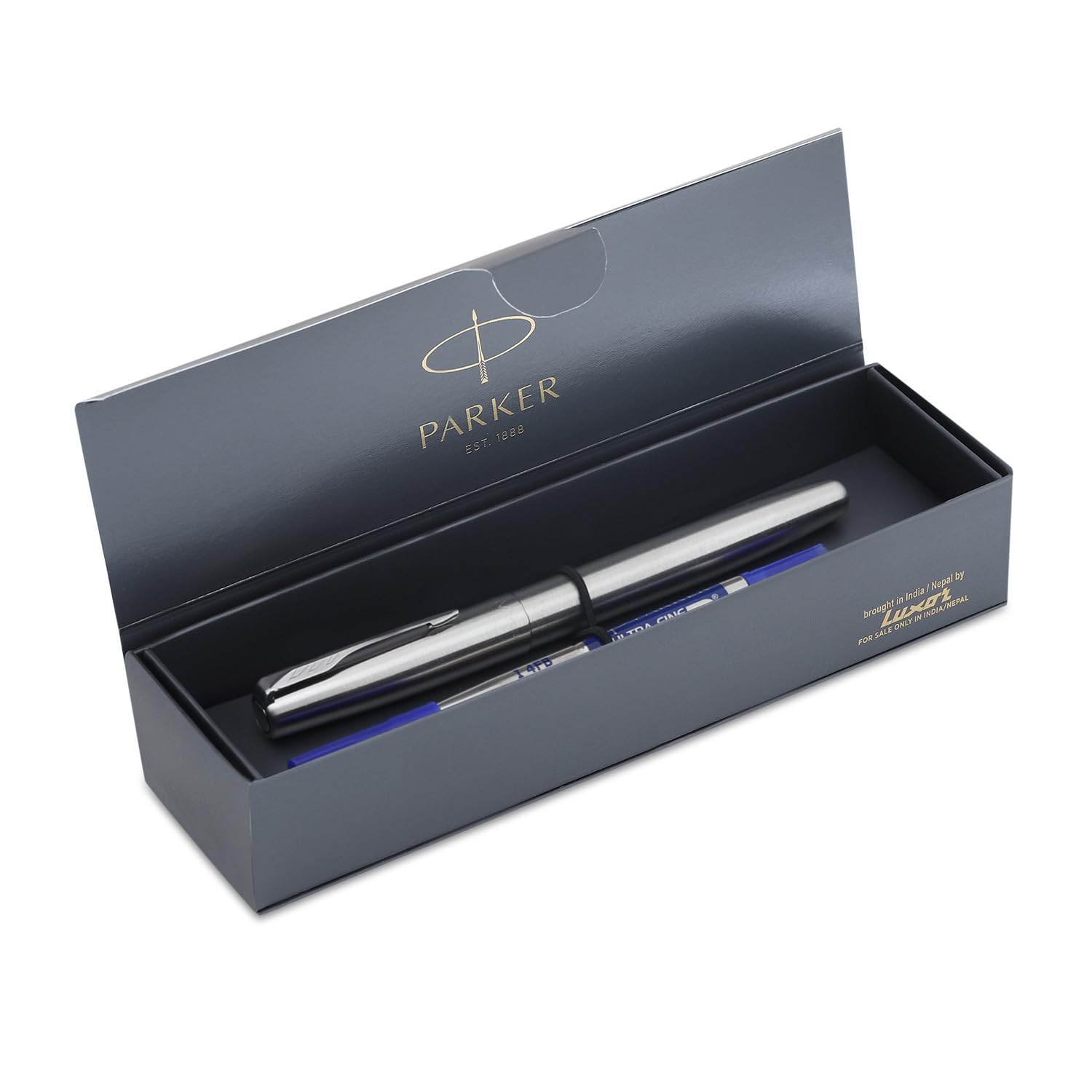 Chrome Parker Frontier roller ball pen with blue ink