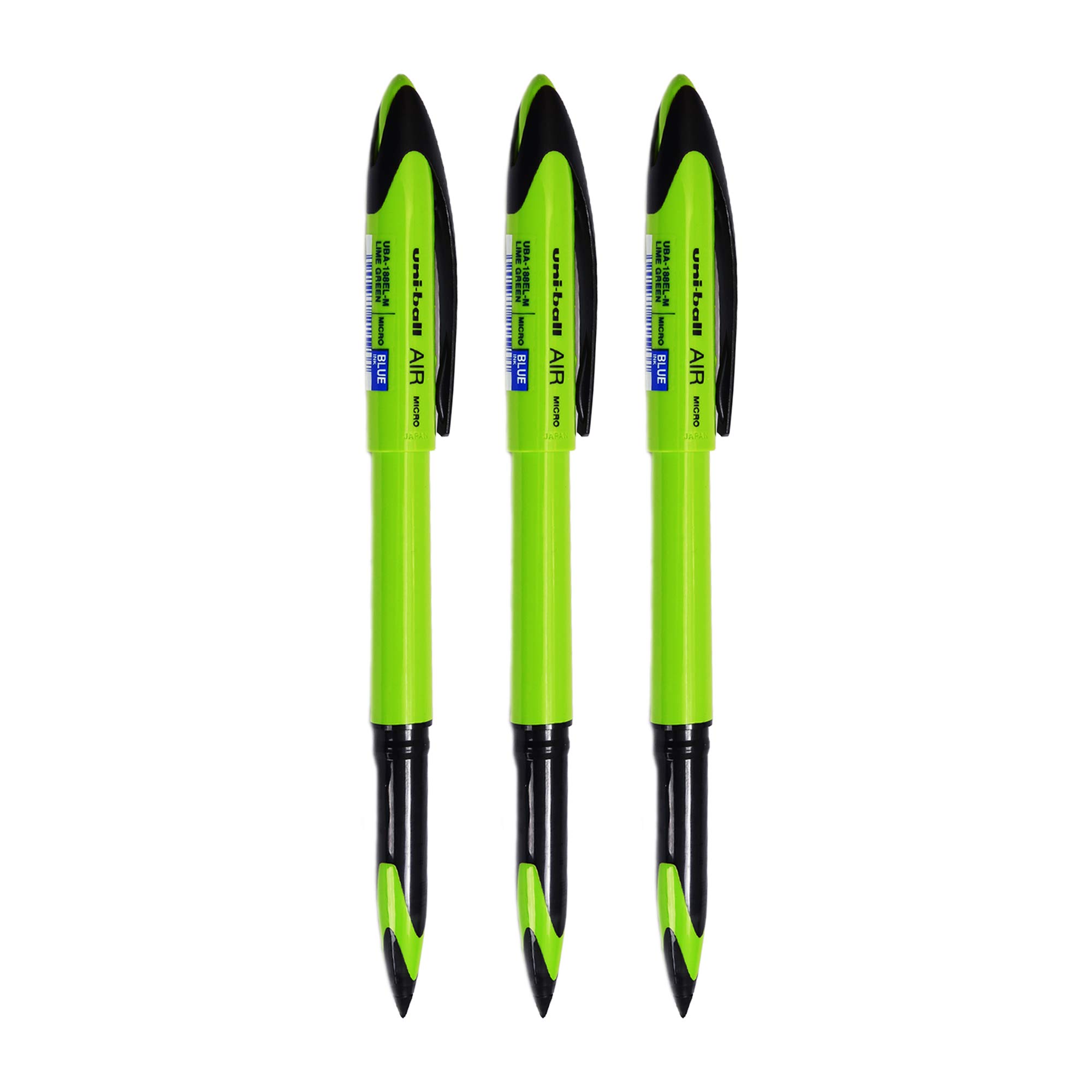 uni-ball Air blue ink roller ball pens with lime green body