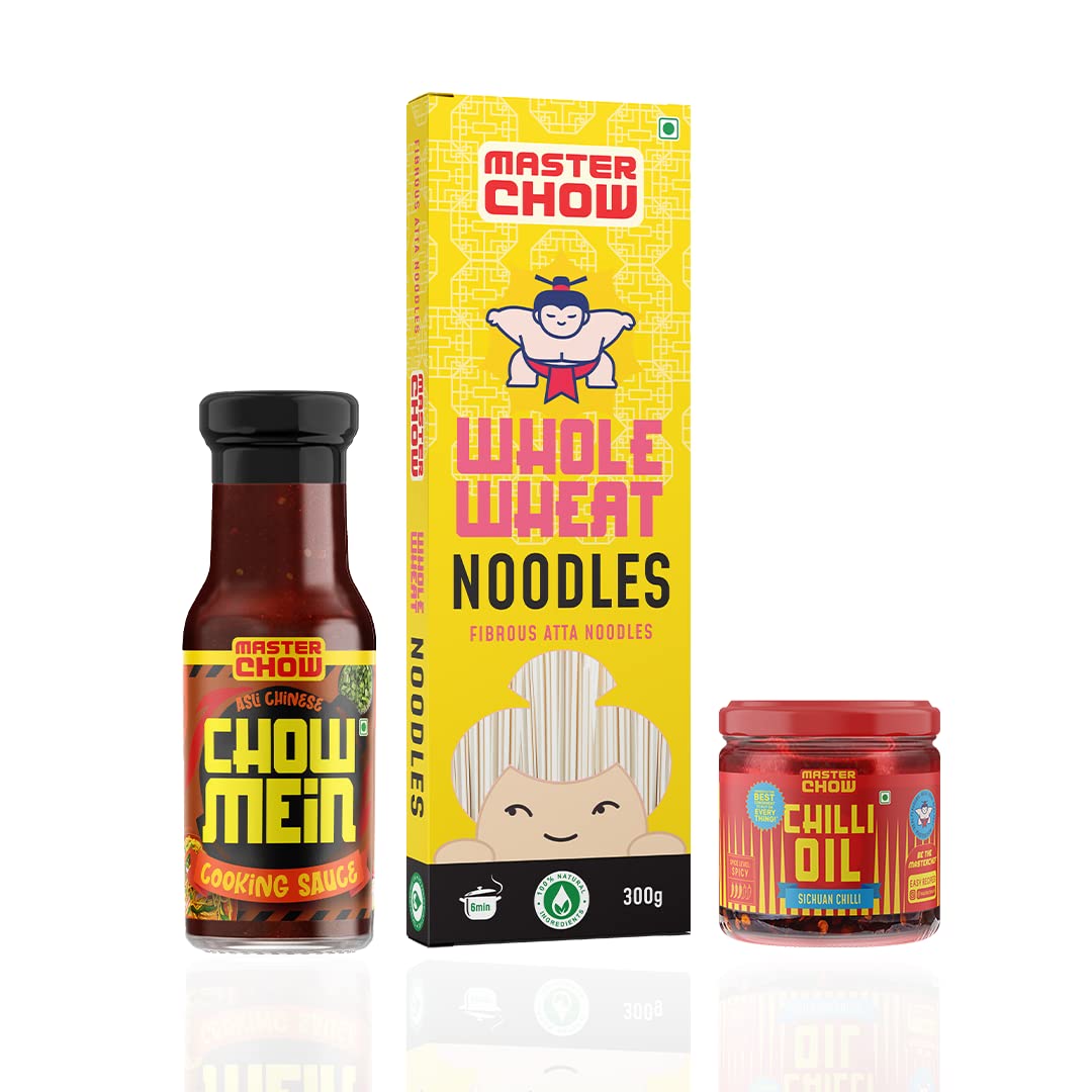 Boxed chowmein kit with spicy sauce whole wheat noodles and chilli oil