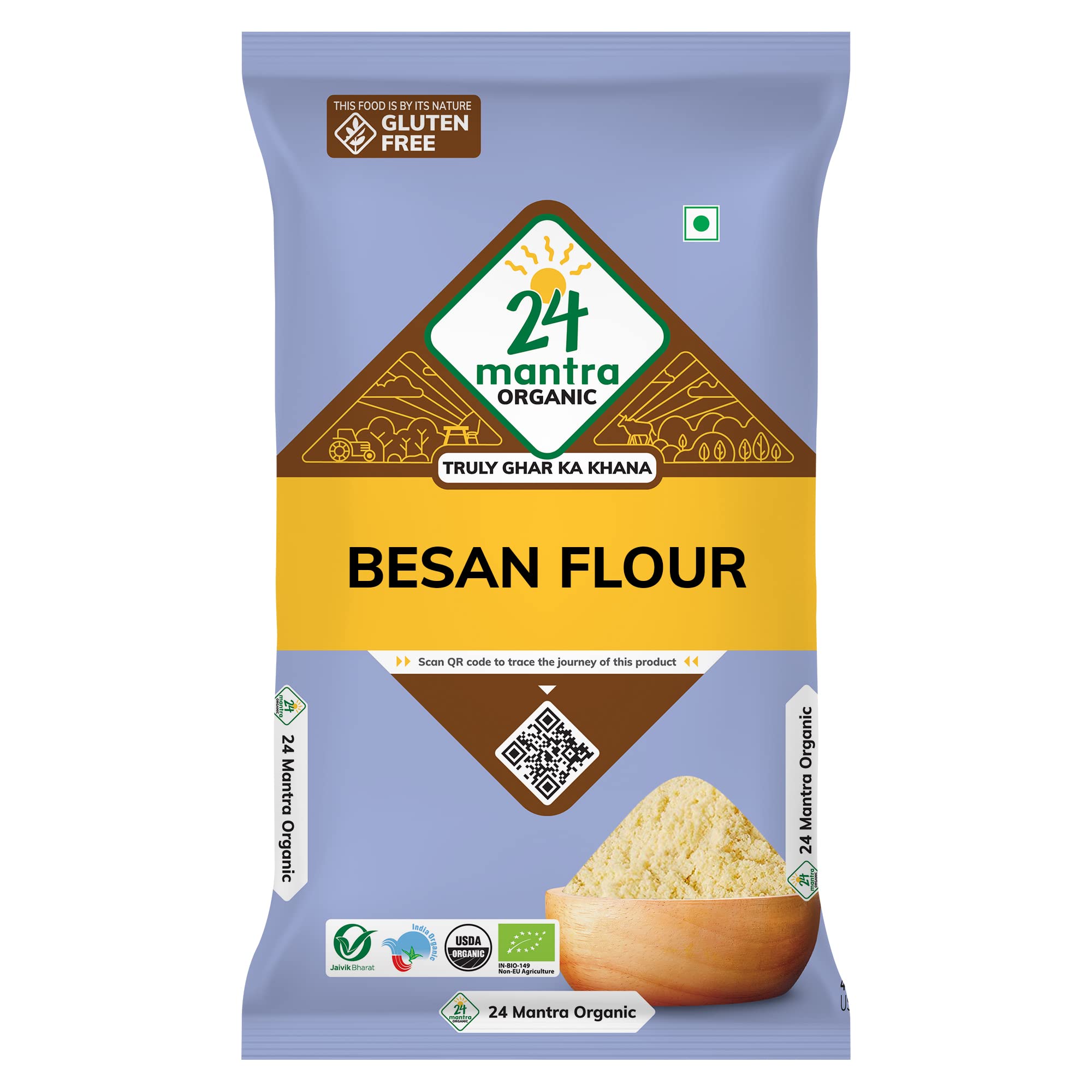 24 Mantra Organic Besan/Gram Flour/Besan Pindi - 500gms | Pack of 1 | 100% Organic | Chemical Free & Pesticides Free | Uniform Particle Size | Unadulterated